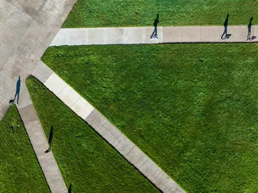 Aerial view of MU Quad sidewalks and grass